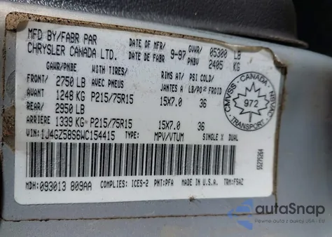 1998 Jeep Grand Cherokee Laredo из США, поврежденный, VIN 1J4GZ58S6WC154415